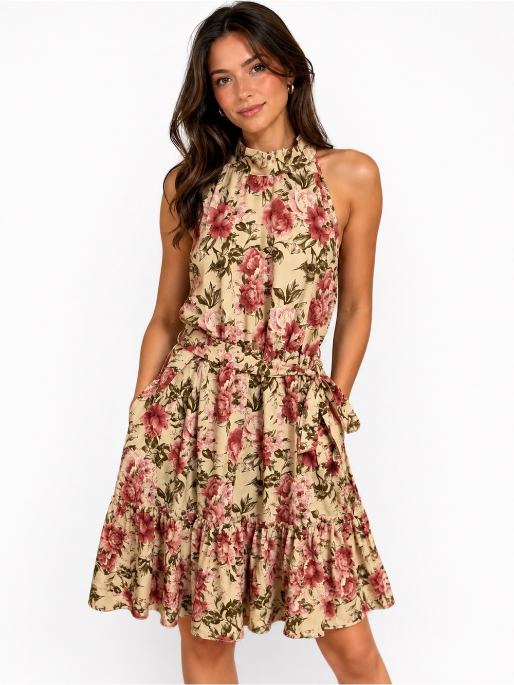 SHEIN Floral Halter Elastic Waist w/Tie Ruffle Hem Dress in Beige and Rose